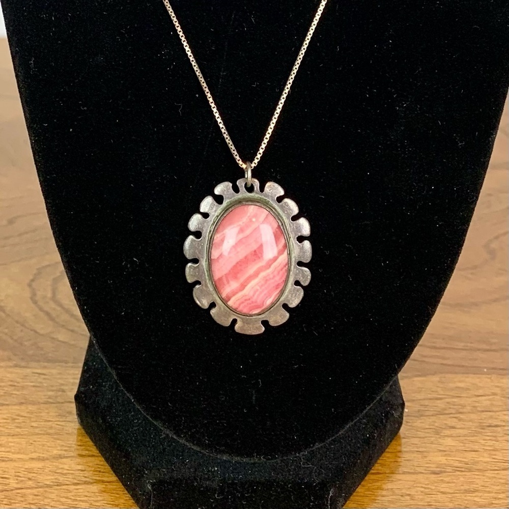 Sterling Silver Necklace Pink Rhodochrosite Pendant Sun Celestial Vtg Signed